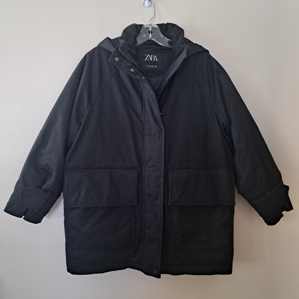 Zara Women's Bi-material Black Hooded Jacket